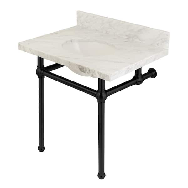 Kingston Brass Templeton Marble White Console Sink Basin and Leg Combo in Matte Black