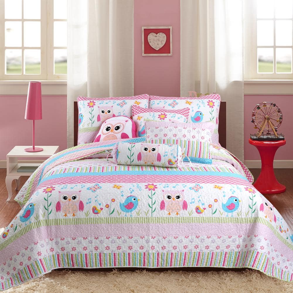 Pink and White Owl Patchwork Twin Microfiber Quilt Set