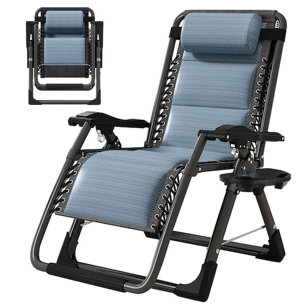 BOZTIY Folding Zero Gravity Chair Silver Metal Lawn Recliner 440 lbs. Outdoor Lounge Chair with Adjustable Headrest, Ice Blue