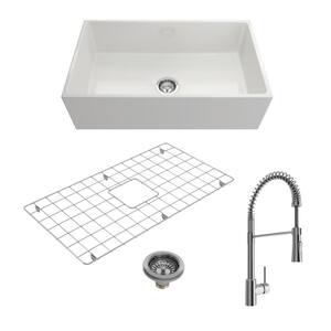 Contempo White Fireclay 33 in. Single Bowl Farmhouse Apron Front Kitchen Sink with Faucet