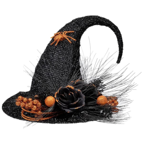 Tinsel Witch's Hat with Glittered Roses Halloween Decoration-16in.