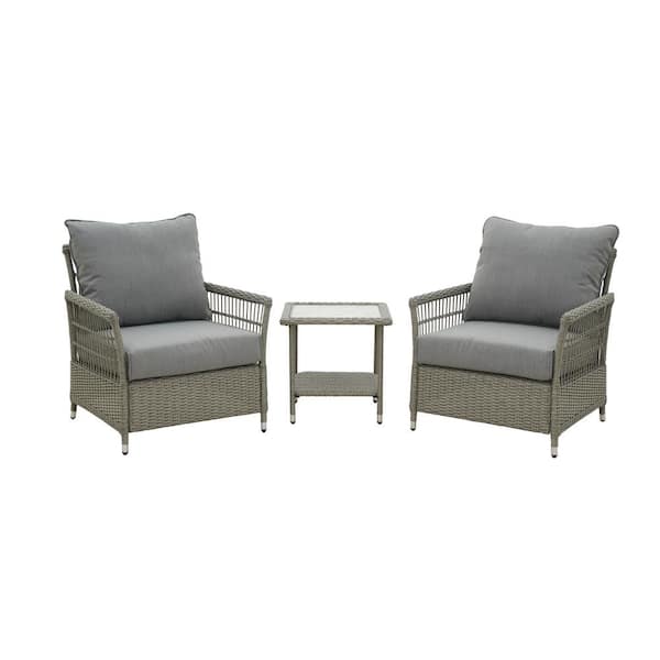 Mondawe Mongue 3-Piece Rattan Wicker Patio Conversation Set Outdoor Chairs and Side Table for Relaxing with Light Gray Cushion
