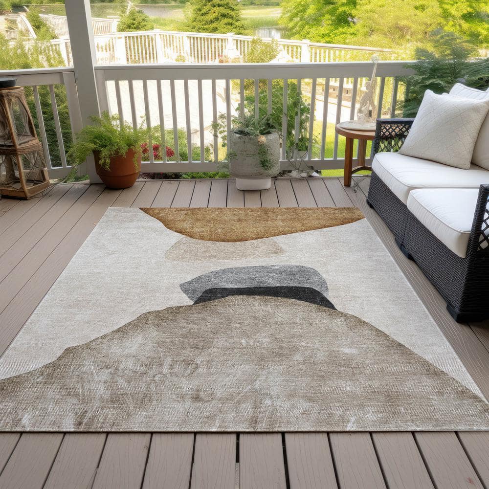 Brown and Beige Synthetic Flat Woven Rectangular Rug
