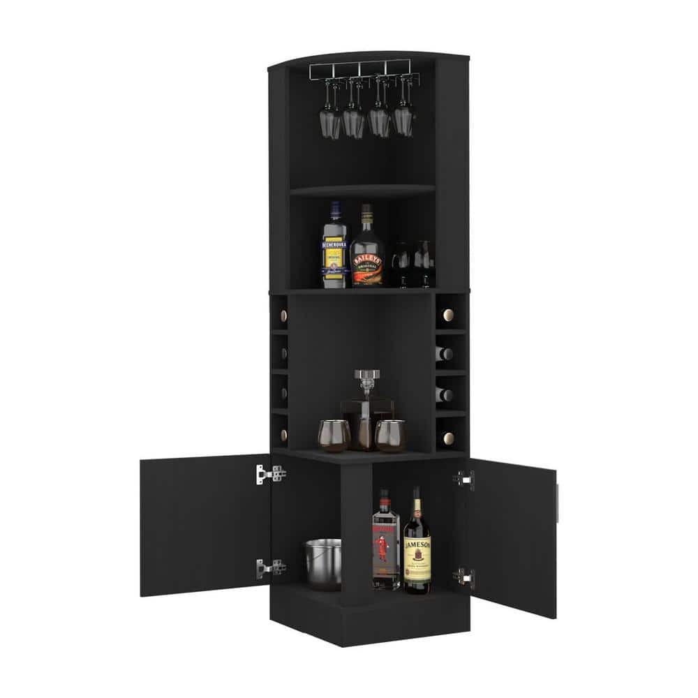 18.4 in. W x 18.4 in. D x 71.1 in. H Black Freestanding Linen Cabinet with 8 Wine Cubbies, Drawers and 2 Doors
