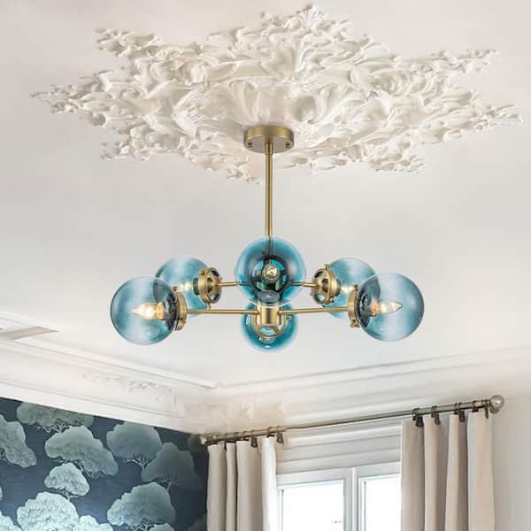 Lydia 6-Light Gold Modern Sputnik Chandelier with Blue Globe Shade
