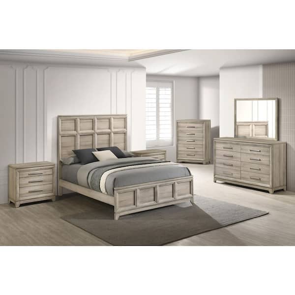 Malia 6-Piece Weathered Greige Color Wood Frame Eastern King Panel Bedroom Set