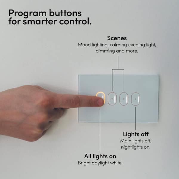 Smart Wi-Fi Connected White Touch Light Switch for Dimmable 210W LED and 650W Incandescent Bulbs, Single-Pole 4-Buttons