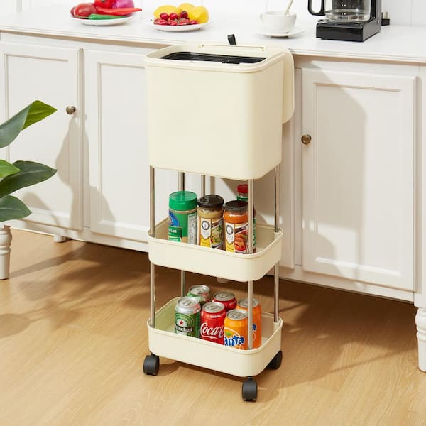 White Plastic Trach Can for Bathroom Kitchen Waste Basket with Lid, Garbage Bin with Storage Rack, Dog Proof Narrow Box