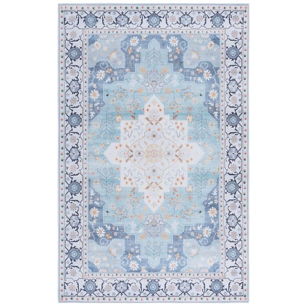 Tucson Aqua/Light Blue 3 ft. x 5 ft. Machine Washable Ornate Border Area Rug