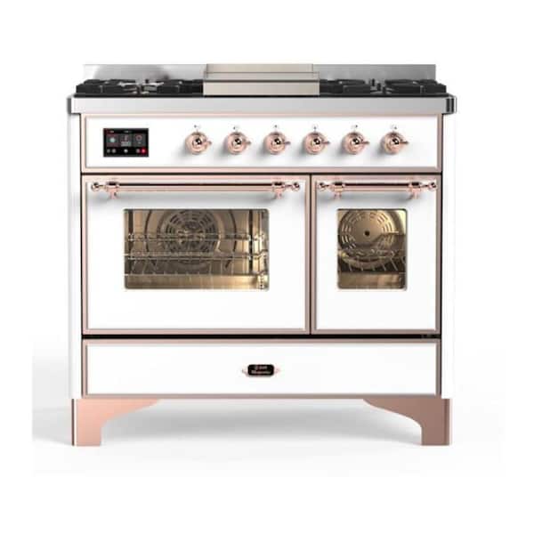 Majestic II 40 in. Double Oven Dual Fuel Range with 6 Sealed Burners, Glass Door, Copper Trim in White