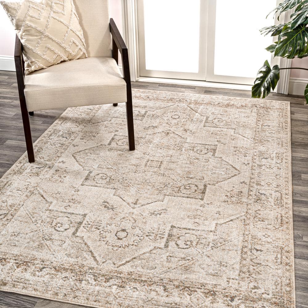 Cream and Brown Medallion Washable Synthetic Area Rug 5'3" x 7'7"
