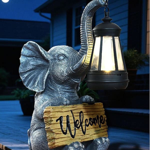 5 in. x 10 in. Gray Solar Elephant Garden Statue Lights HPDT1CN6GK