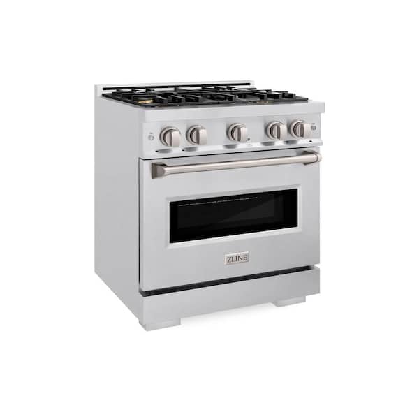 30 in. Classic Dual Fuel Range with Gas Cooktop and Electric Oven in Satin Stainless Steel with 4 Brass Burners