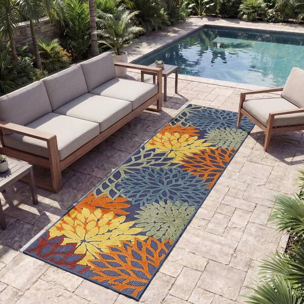 Aloha Navy Multicolor 2 ft. x 10 ft. Floral Contemporary Runner Area Rug