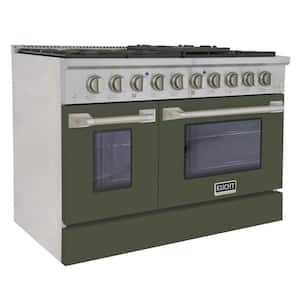 48 in. 6.7 cu. ft. 8-Burners Double Oven Dual Fuel Range Natural Gas in Stainless Steel and Olive Green Oven Doors