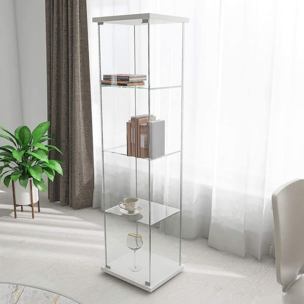 Aoibox 64 in. H x 17 in. L x 14.5 in. W White 4-Shelves Floor Standing Glass Display Cabinet with Door