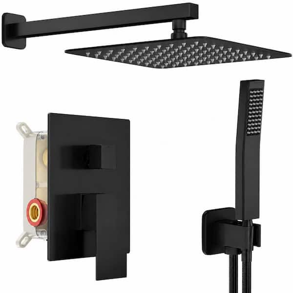 Wall Mounted Matte Black Shower System with 10 in. Square Rain Shower Head and Pressure Balance Valve