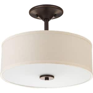 Inspire Collection 13 in. 2-Light Antique Bronze Transitional Semi-Flush Ceiling Mount with Off-White Linen Shade