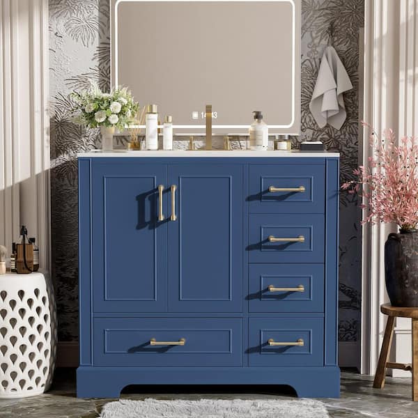 36 in. W x 18 in. D x 34 in. H Single Sink Freestanding Bath Vanity in Blue with White Resin Top