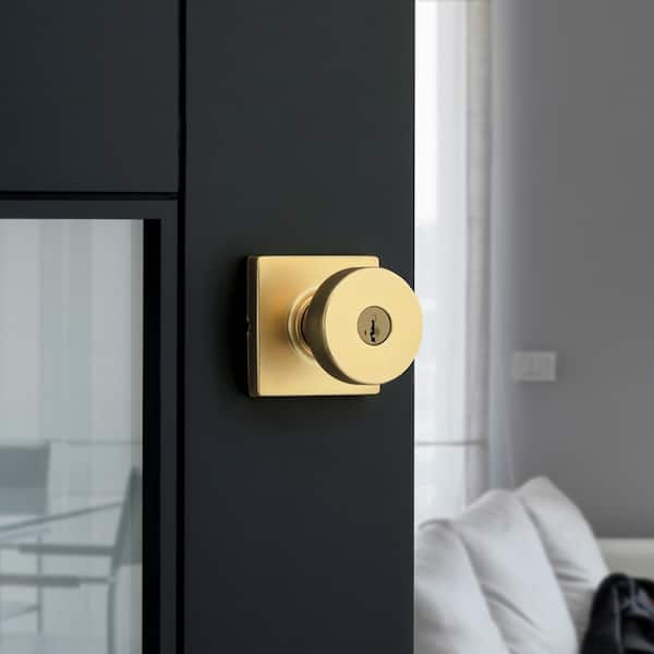 Pismo Satin Brass Square Keyed Entry Door Knob Featuring SmartKey Security