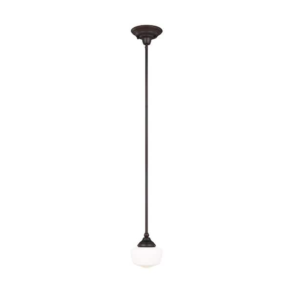 Generation Lighting Academy Small 6.75 in. 1-Light Bronze Transitional Farmhouse Hanging Pendant with Satin White Glass Shade