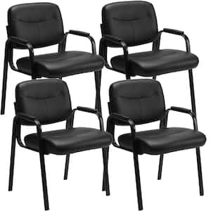 Black Office Guest Chair Leather Executive No Wheels Waiting Room Chairs with Padded Arm Rest Set of 4