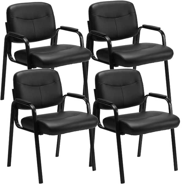 FIRNEWST Black Office Guest Chair Leather Executive No Wheels Waiting Room Chairs with Padded Arm Rest Set of 4