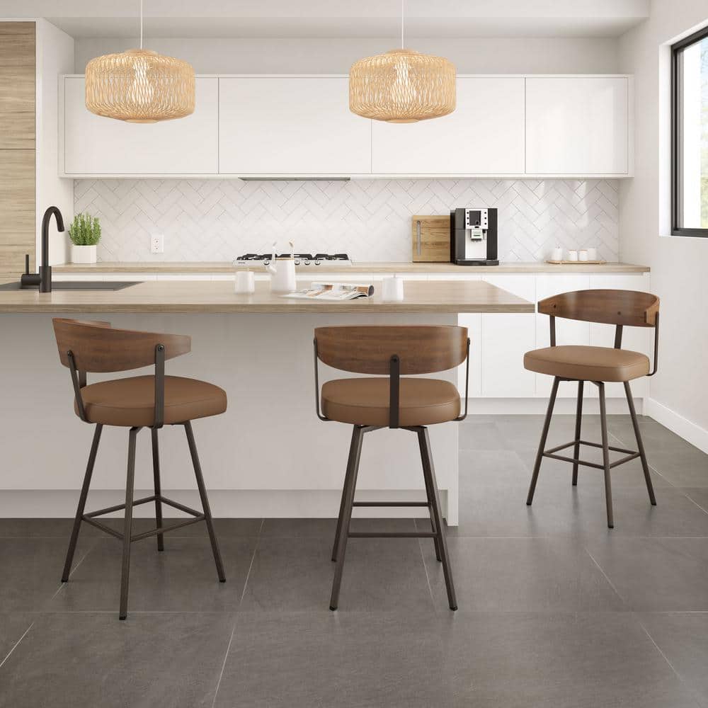 Tan and Brown Swivel Bar Stool with Wooden Back