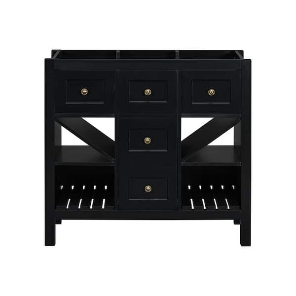 EPOWP 35.51 in. W x 17.87 in. D x 33 in. H Bath Vanity Cabinet without Top in Black with with 3 Drawers and Open Shelves