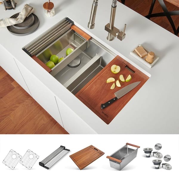 Roma Pro 33 in. Undermount 50/50 Double Bowl 16-Gauge Stainless Steel Workstation Kitchen Sink with Rounded Corners