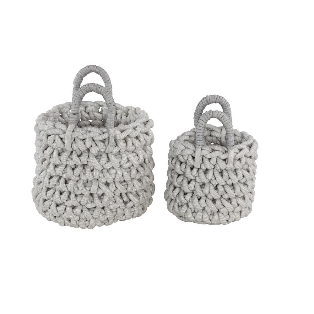 Gray Fabric Round Storage Baskets with Handles, Set of 2