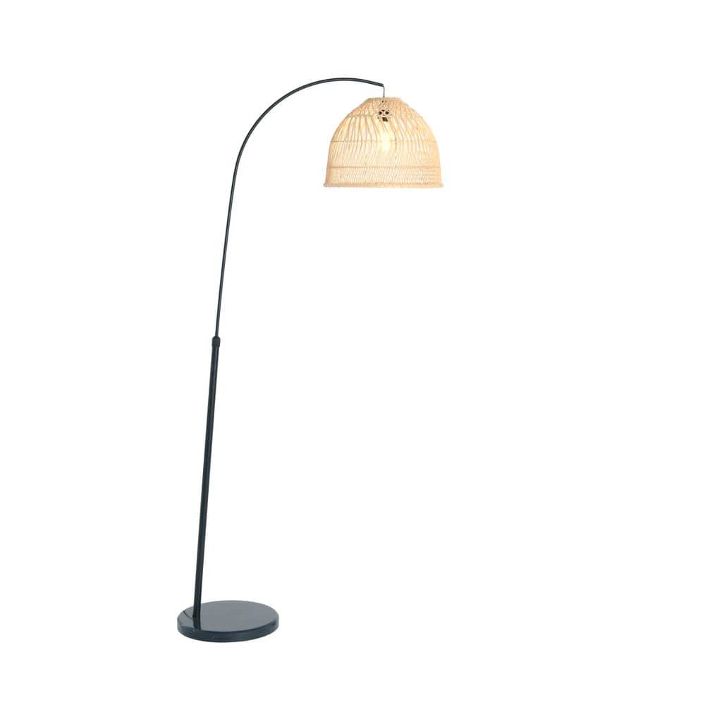 78" Black Metal Arc Floor Lamp with Marble Base and Rattan Shade