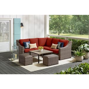 Rock Cliff 6-Piece Brown Wicker Outdoor Patio Sectional Sofa Set with Ottoman and Sunbrella Henna Red Cushions