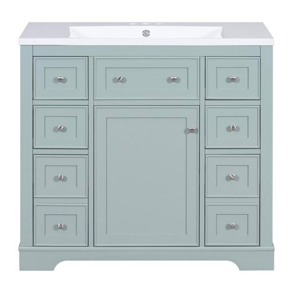 Zeus & Ruta 36 in. W x 18 in. D x 34.5 in. H Single Sink Bath Vanity in Green with White Ceramic Top, 6-Drawers and 1-Door