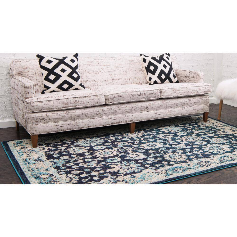 Navy Blue Square Floral Synthetic Easy Care Rug