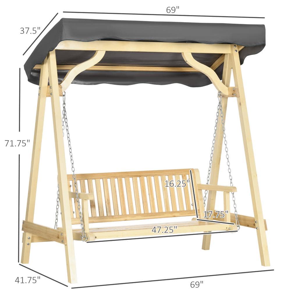 Rustic Fir Wood 2-Seater Porch Swing with Adjustable Canopy