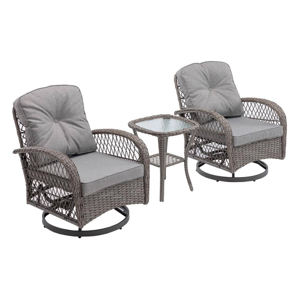 3-Piece All-Weather Wicker Outdoor Swivel Rocking Chairs Patio Conversation