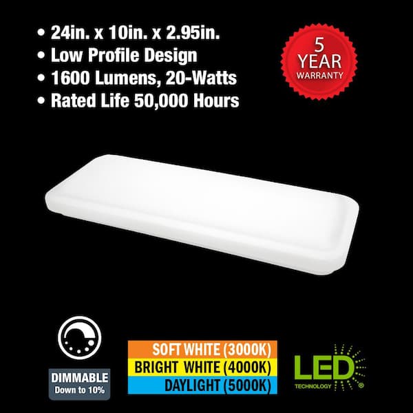 24 in. x 10 in. Classic White LED Flush Mount Closet Light 1600 Lumens 20-Watt Adjustable CCT Kitchen Light Dimmable