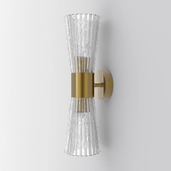 Maxax Washington 16.75 in. W 2-Light Brushed Gold Industrial Wall Sconce with Unique Tube Clear Glass Shade