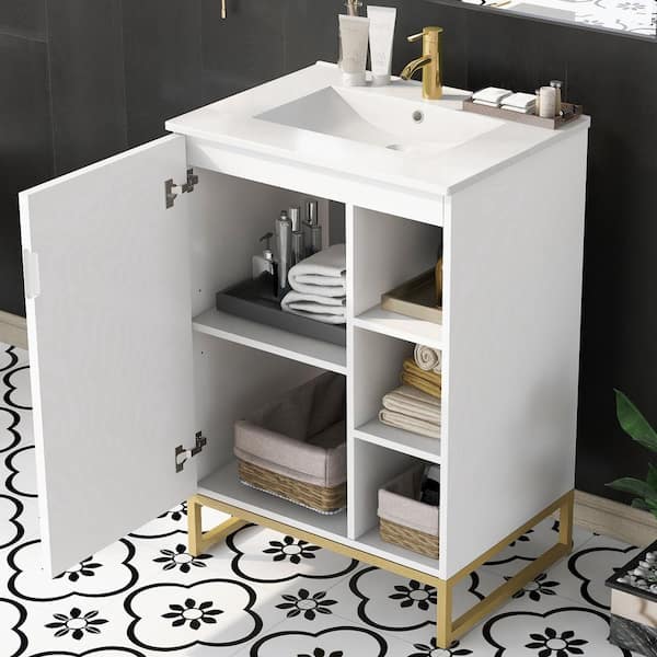 24 in. W x 18 in. D x 34 in. H Single Sink Bath Vanity in White with White Ceramic Top