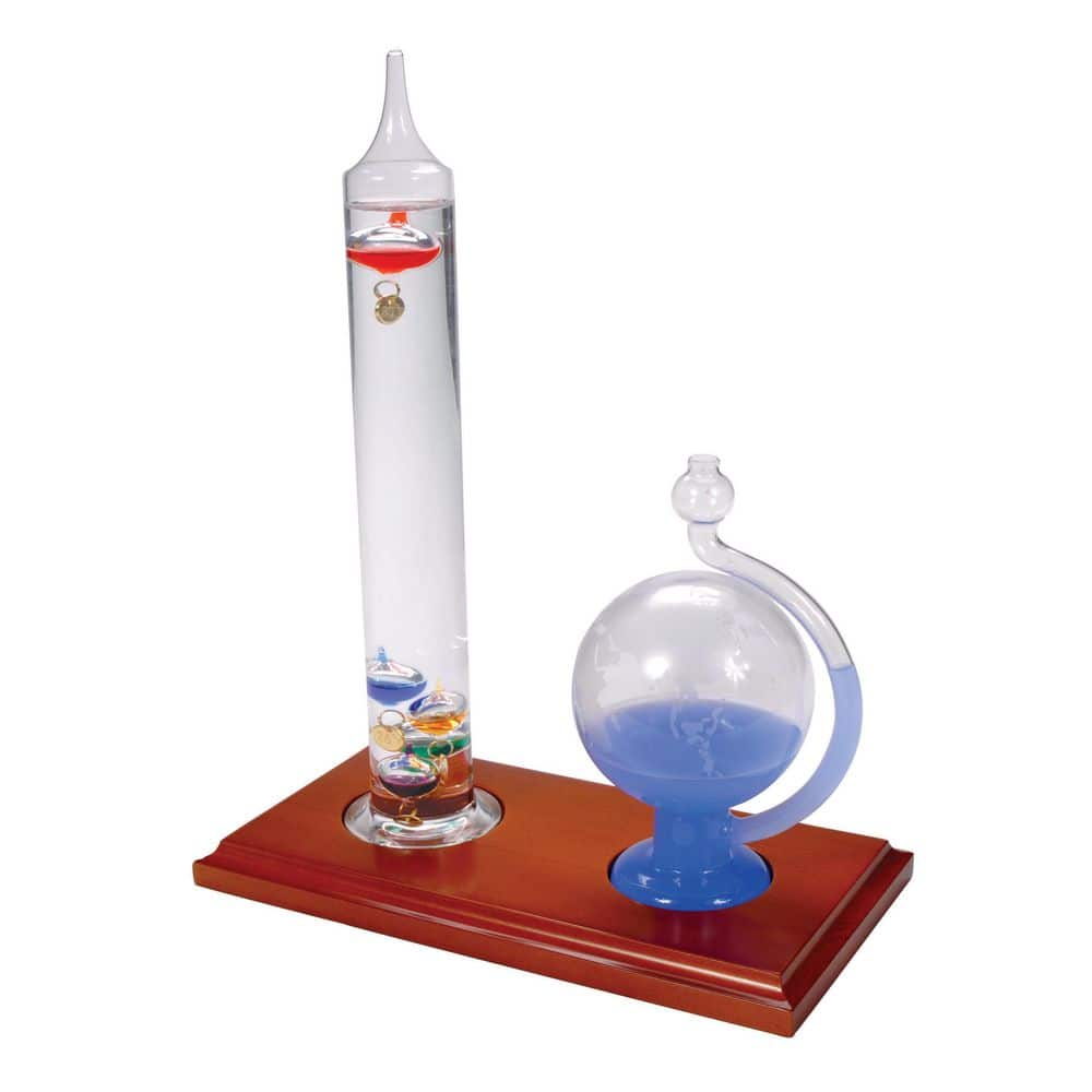 Galileo Glass Thermometer and Barometer with Wooden Base