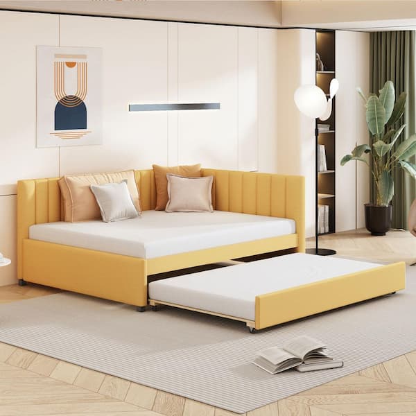 Harper & Bright Designs Yellow Full Size Linen Upholstered Wood Daybed with Trundle