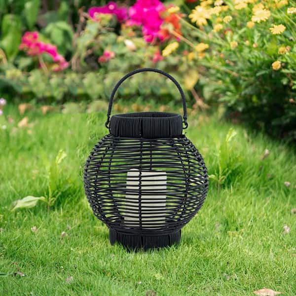 Black Poly Rattan Lantern With LED Candle, Vintage Candle Lantern