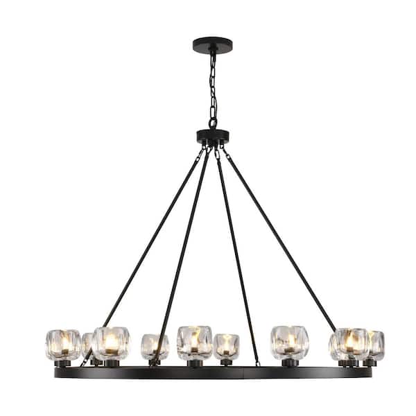 12 Lights 48 in. Dimmable LED Wagon Wheel Black Chandelier with Glass for Dinning Room Kitchen Island Foyer Bedroom