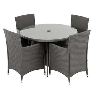 5-Piece Wicker Outdoor Dining Set with Umbrella Cutout, Round Tempered Glass Tabletop, Patio Dining Set, Gray Cushions