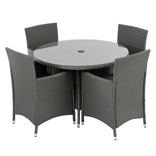 Unbranded 5-Piece Wicker Outdoor Dining Set with Umbrella Cutout, Round Tempered Glass Tabletop, Patio Dining Set, Gray Cushions