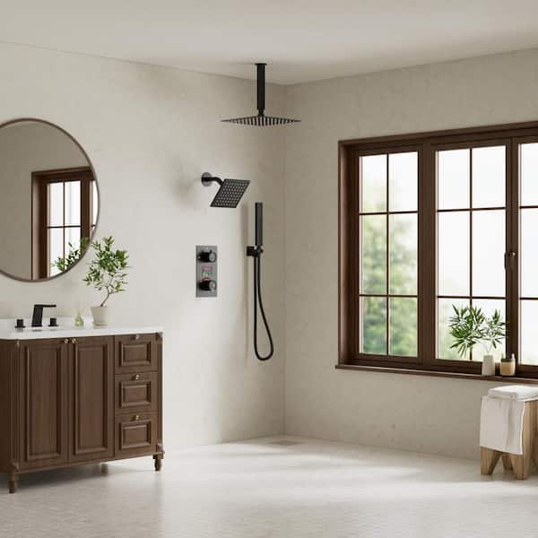 Single Handles 3-Spray Ceiling Mount 12 and 6 in. Shower Head Shower Faucet with Anti Scald in. Matte Black