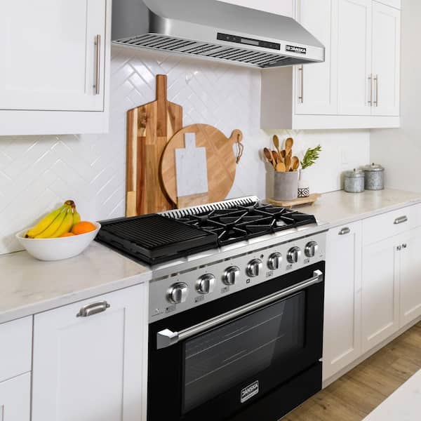 36 in. 5.2 cu. ft. Gas Range with 6-Burners, Convection Oven, Griddle, and 2-Sets of Knobs and Handle in Matte Black