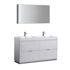 Valencia 60 in. W Vanity in White with Acrylic Double Vanity Top in White with White Basin and Medicine Cabinet