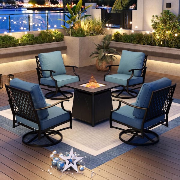 PHI VILLA Metal 4 Seat 5-Piece Steel Outdoor Patio Conversation Set with Denim Blue Cushions, Swivel Chairs, Square Fire Pit Table